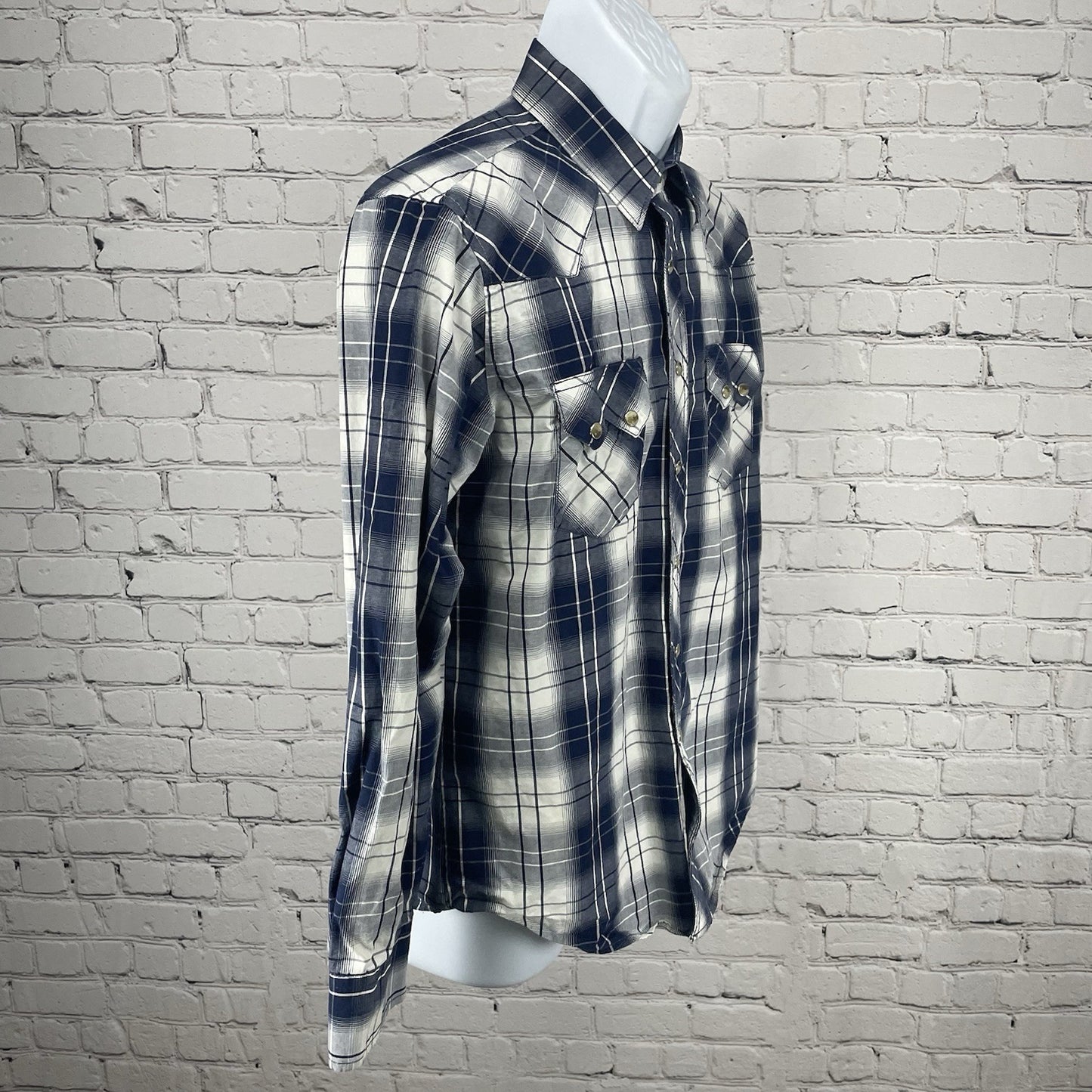 VTG Wrangler Blue Plaid American Cowboys Choose Wrangler Pearl Snap Shirt Medium