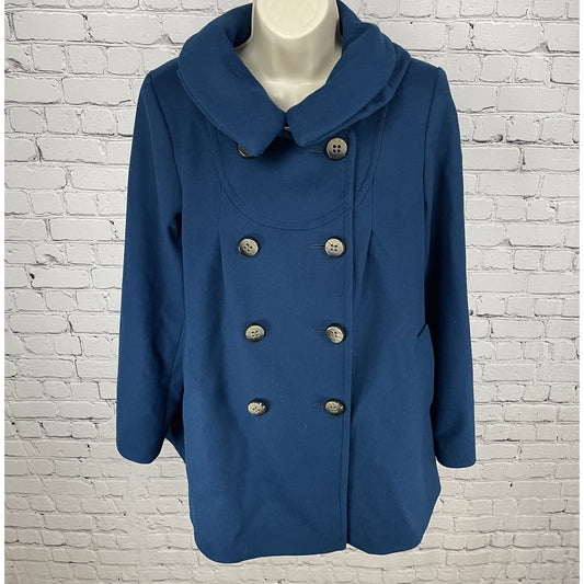 ABS Silver Label Blue Wool Blend Collared Lined Pockets Pea Coat Jacket Small S