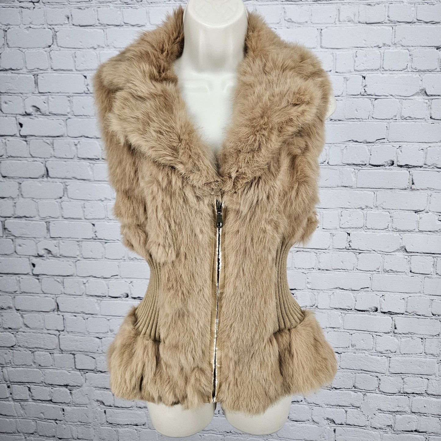 Metric Knits Brown Genuine Rabbit Fur Collared Full Zip Lined Vest Small S