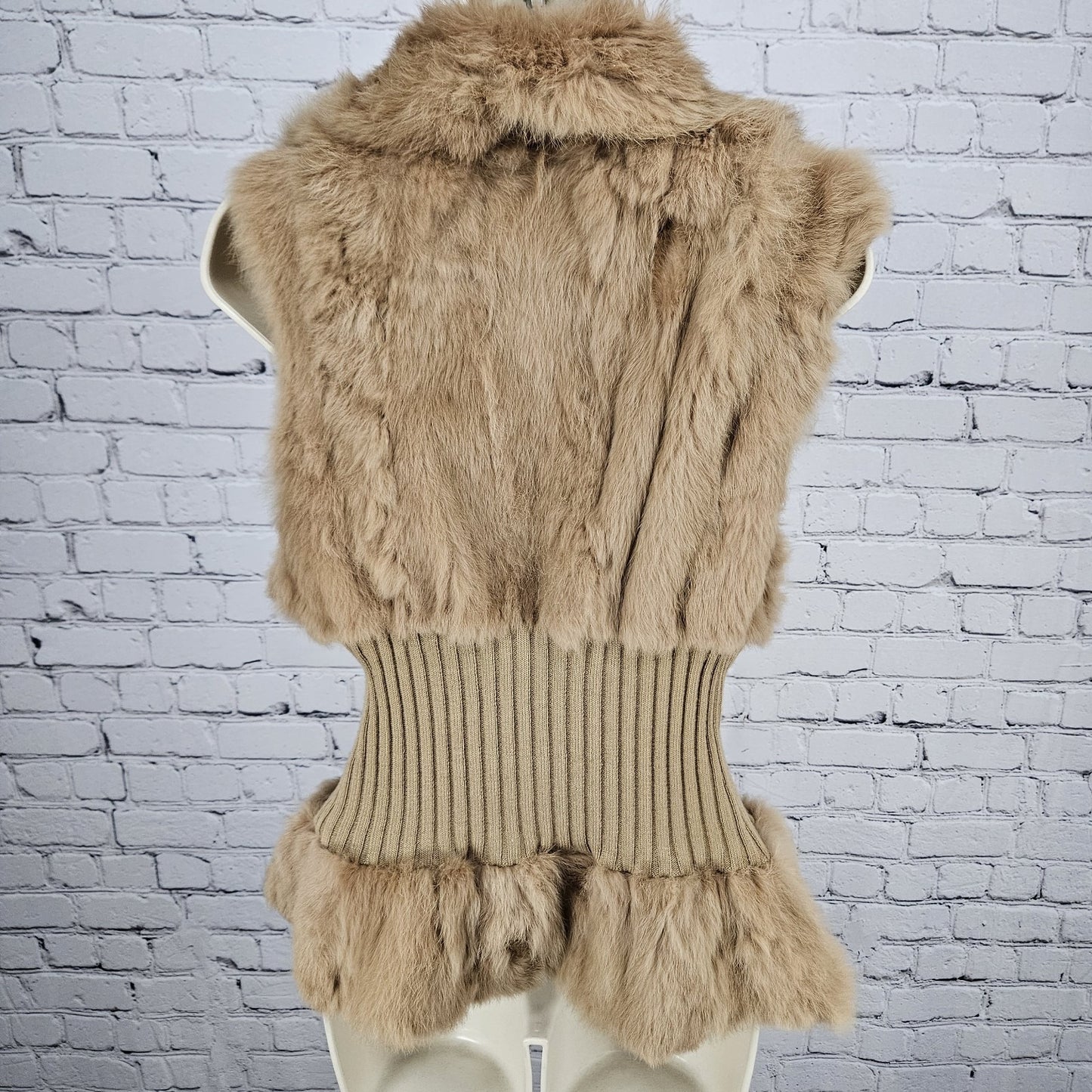 Metric Knits Brown Genuine Rabbit Fur Collared Full Zip Lined Vest Small S