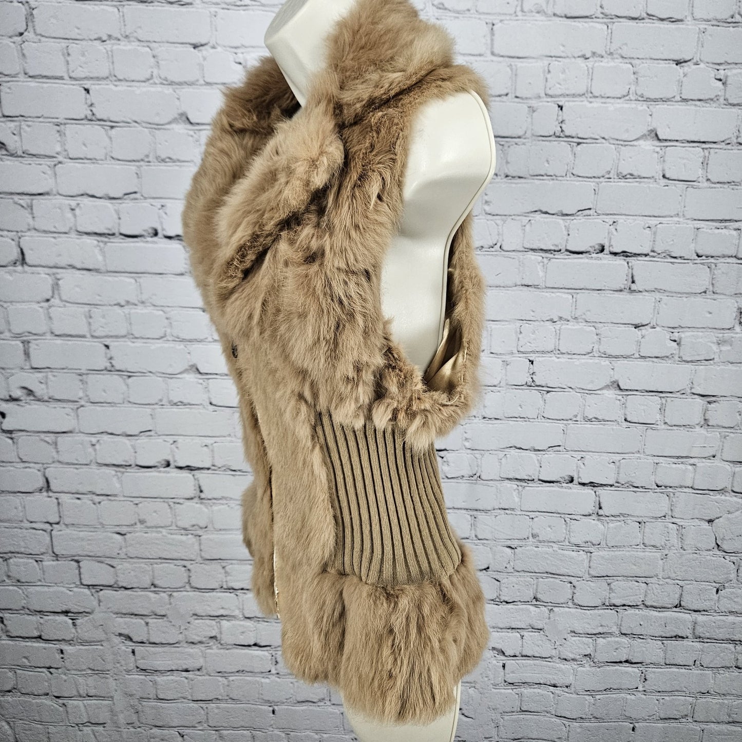 Metric Knits Brown Genuine Rabbit Fur Collared Full Zip Lined Vest Small S