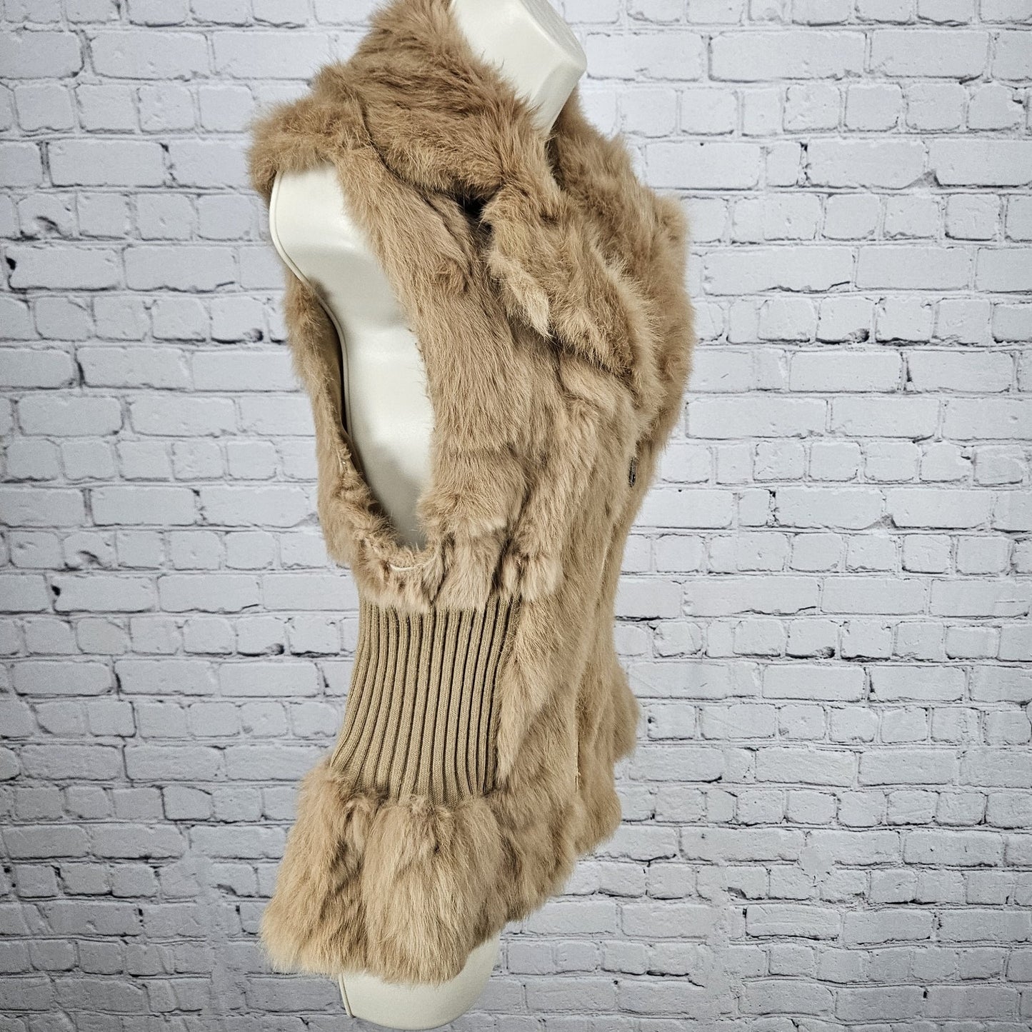 Metric Knits Brown Genuine Rabbit Fur Collared Full Zip Lined Vest Small S