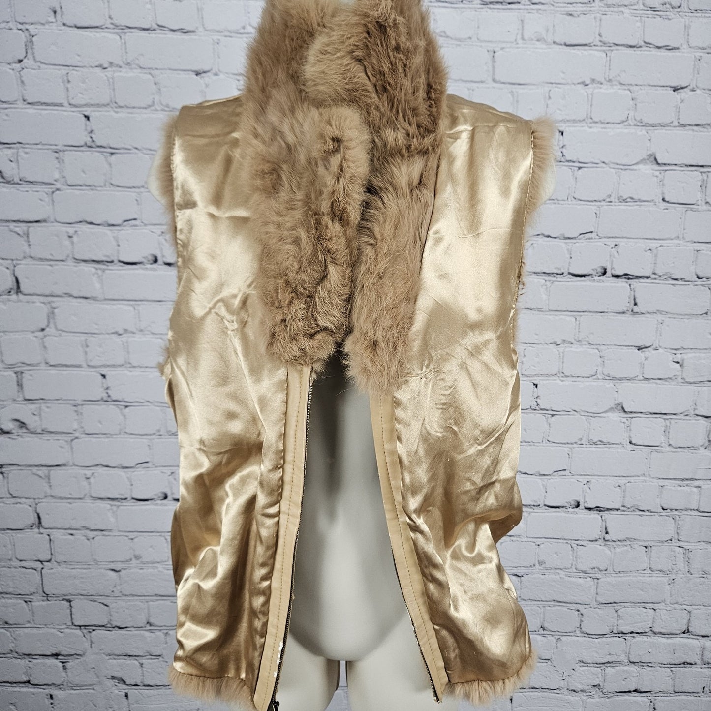 Metric Knits Brown Genuine Rabbit Fur Collared Full Zip Lined Vest Small S