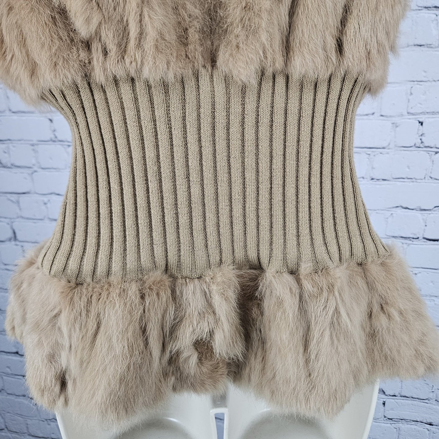 Metric Knits Brown Genuine Rabbit Fur Collared Full Zip Lined Vest Small S
