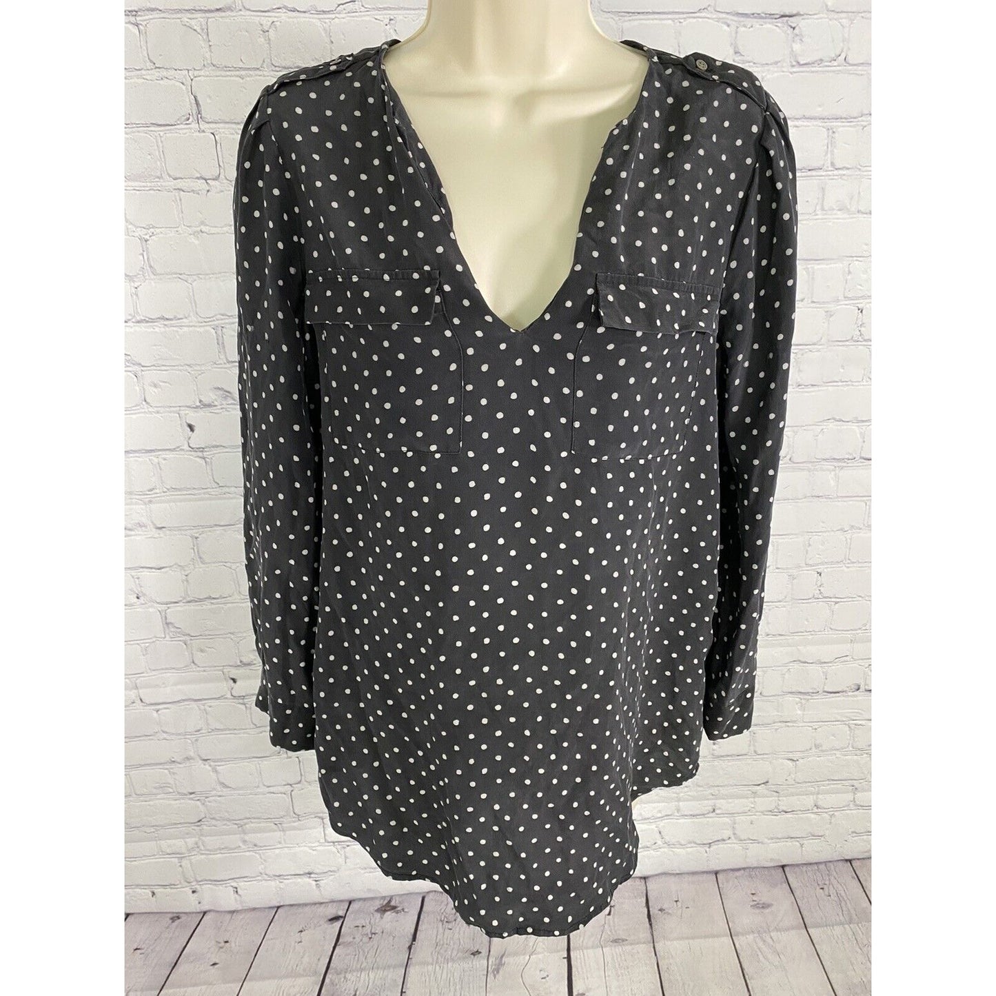 Joie Black White Polka Dot Front Pockets V Neck Silk Long Sleeve Blouse XS