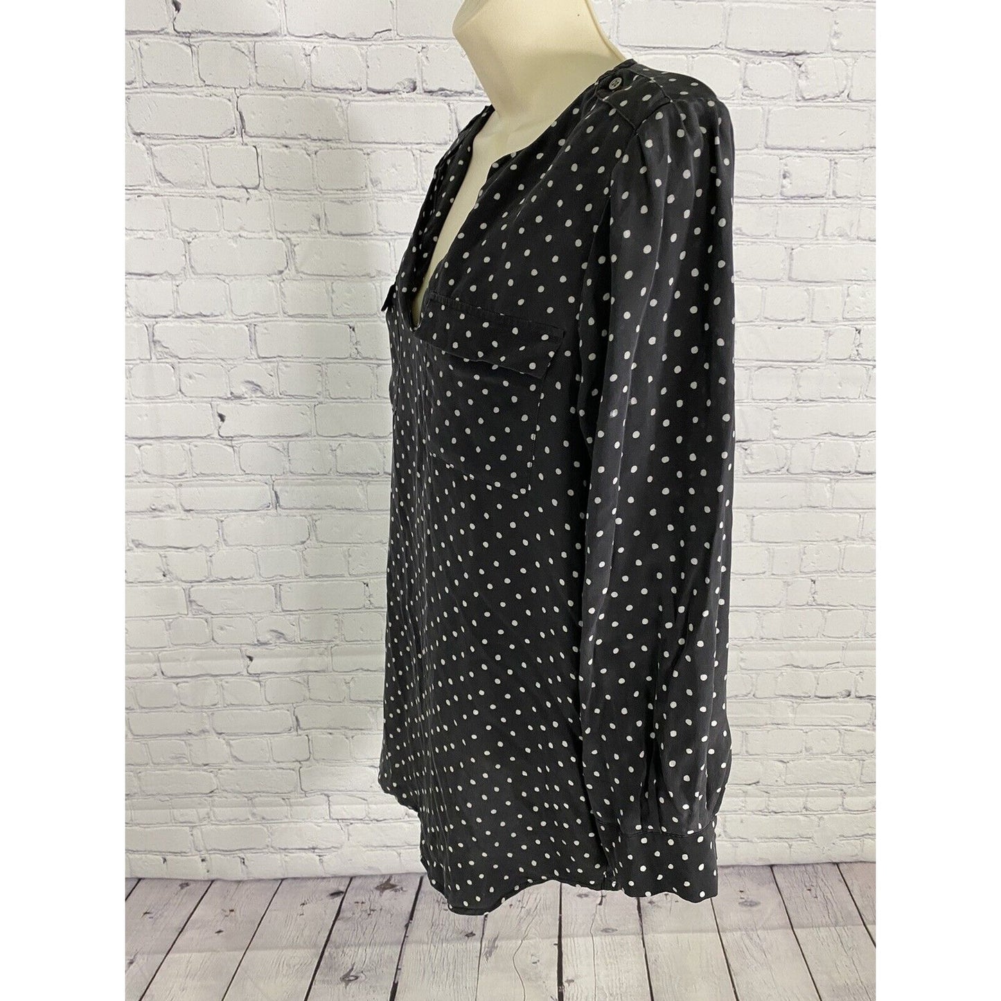 Joie Black White Polka Dot Front Pockets V Neck Silk Long Sleeve Blouse XS
