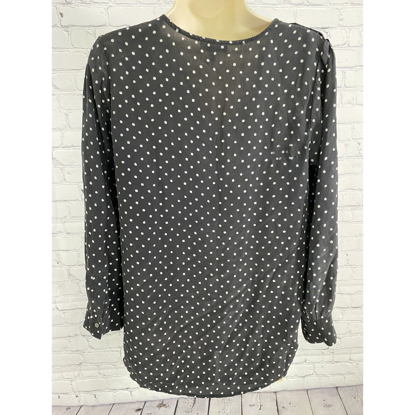 Joie Black White Polka Dot Front Pockets V Neck Silk Long Sleeve Blouse XS