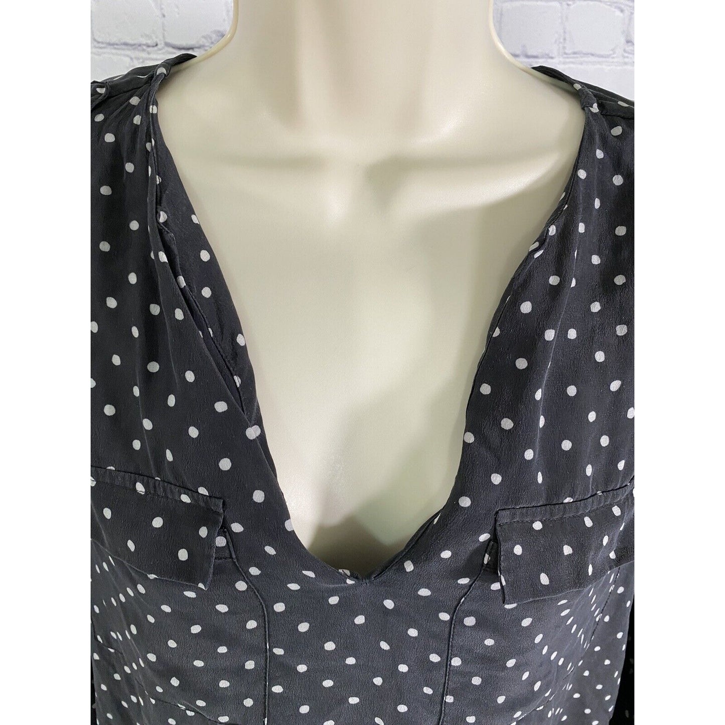 Joie Black White Polka Dot Front Pockets V Neck Silk Long Sleeve Blouse XS