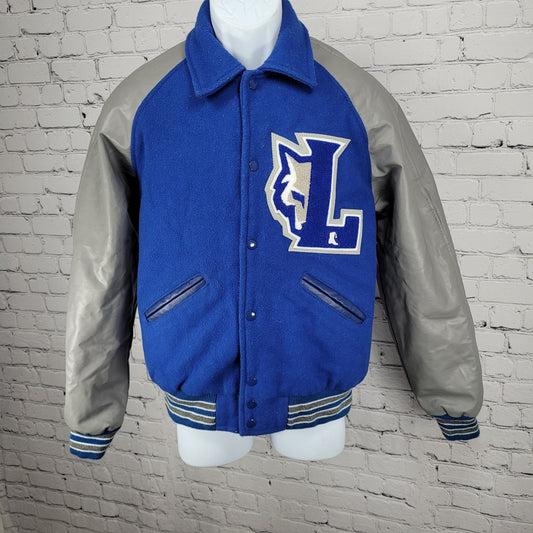 Centex Blue Grey Melton Wool Varsity Letterman School Snap Jacket Small S *glue