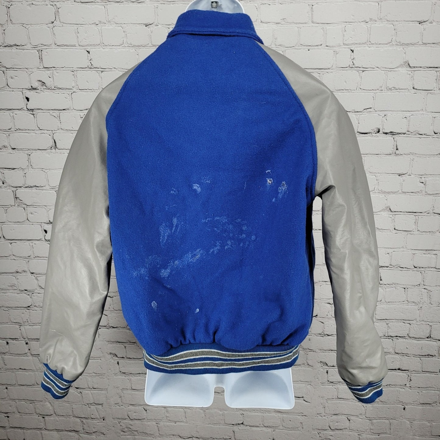 Centex Blue Grey Melton Wool Varsity Letterman School Snap Jacket Small S *glue