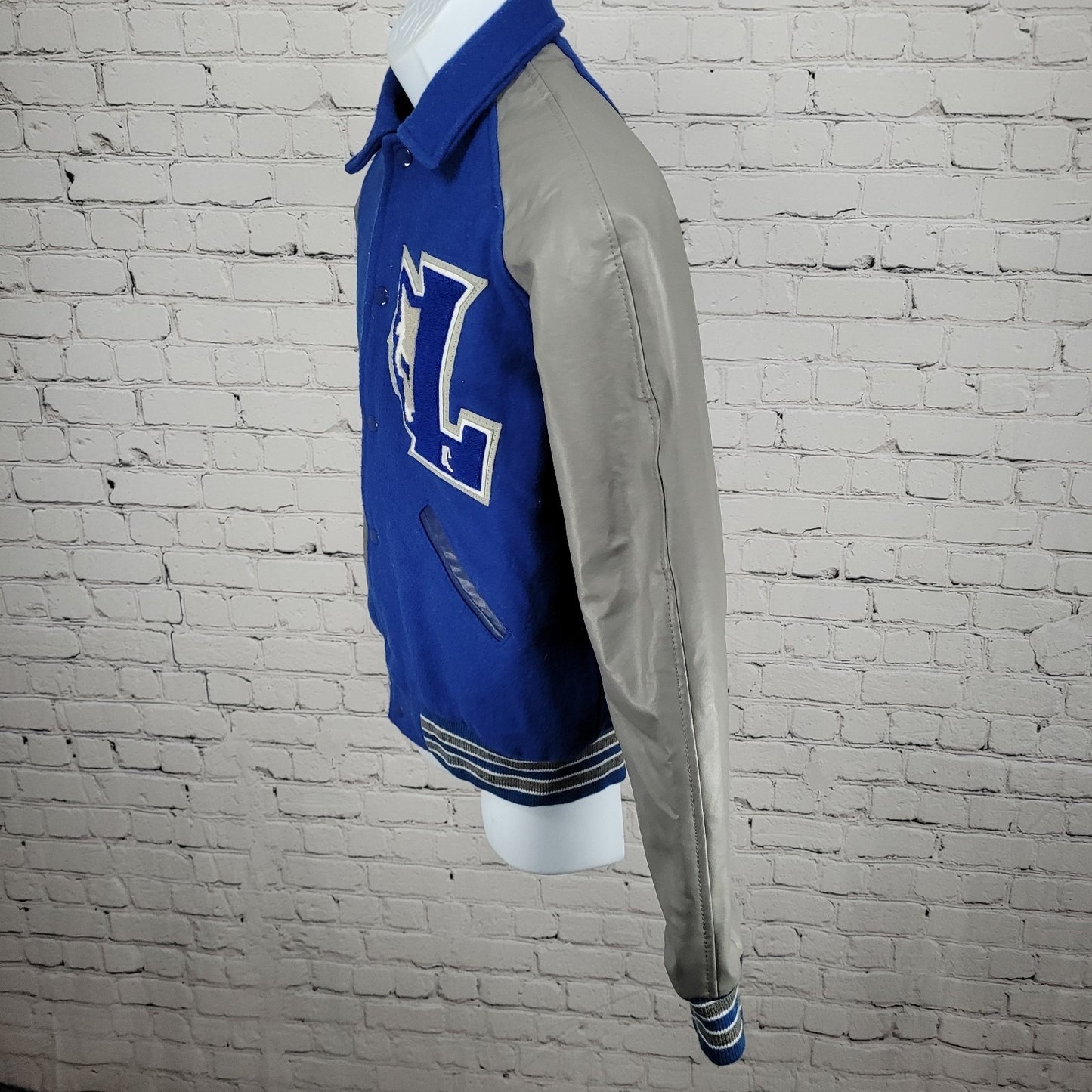 Centex Blue Grey Melton Wool Varsity Letterman School Snap Jacket Small S *glue