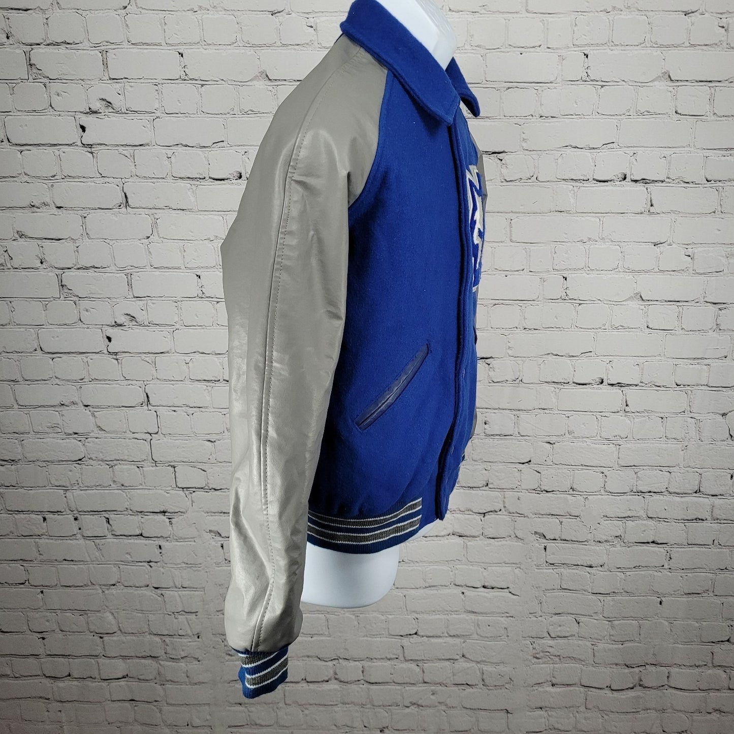 Centex Blue Grey Melton Wool Varsity Letterman School Snap Jacket Small S *glue