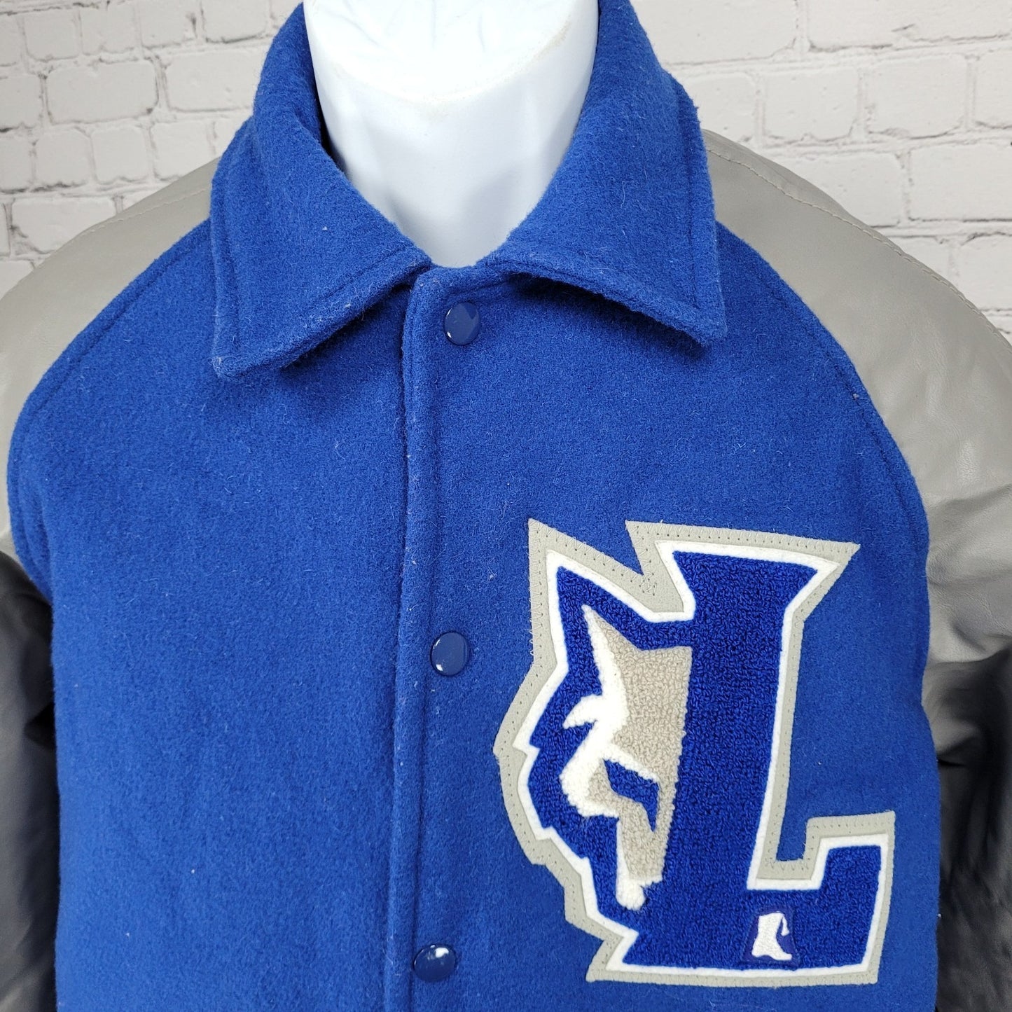 Centex Blue Grey Melton Wool Varsity Letterman School Snap Jacket Small S *glue