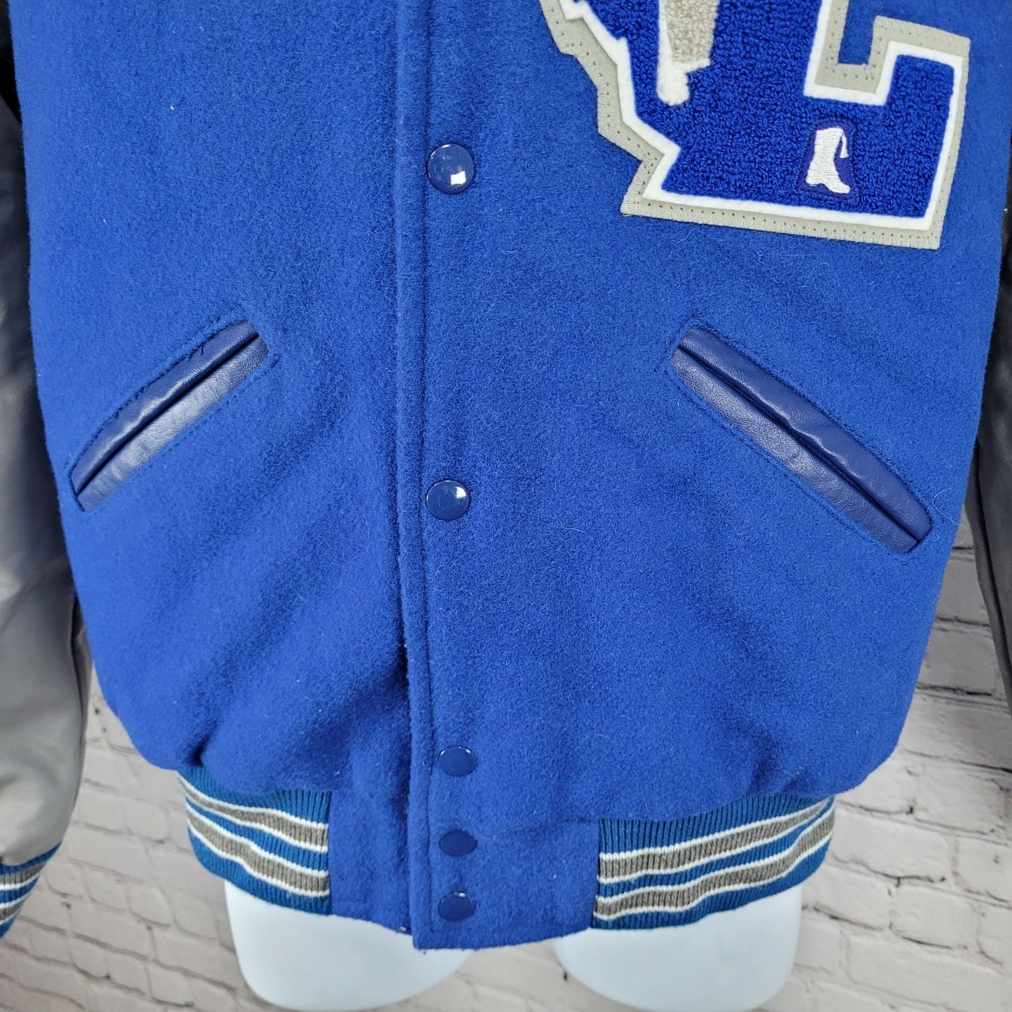 Centex Blue Grey Melton Wool Varsity Letterman School Snap Jacket Small S *glue