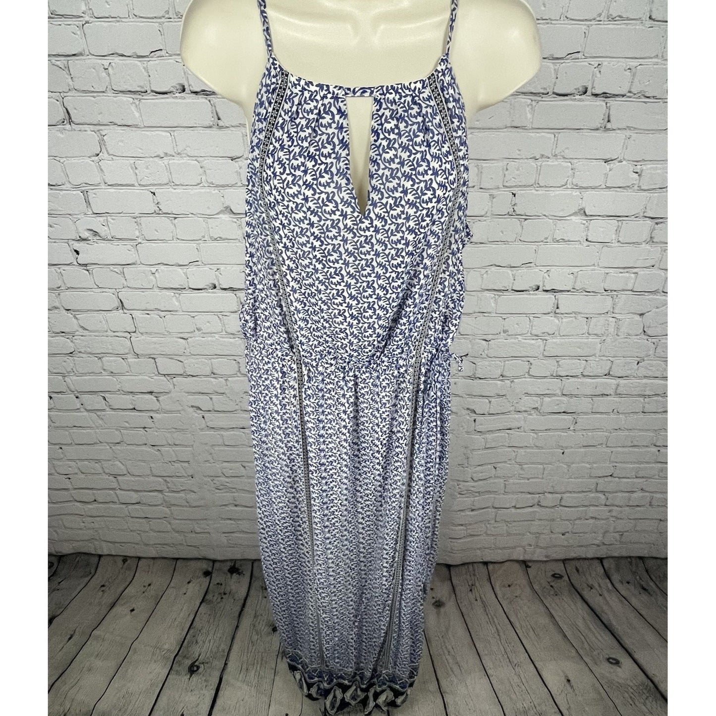 JOIE Blue & White Silk Chiffon Printed Side Slits Lined Maxi Dress Size Large L
