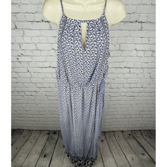 JOIE Blue & White Silk Chiffon Printed Side Slits Lined Maxi Dress Size Large L