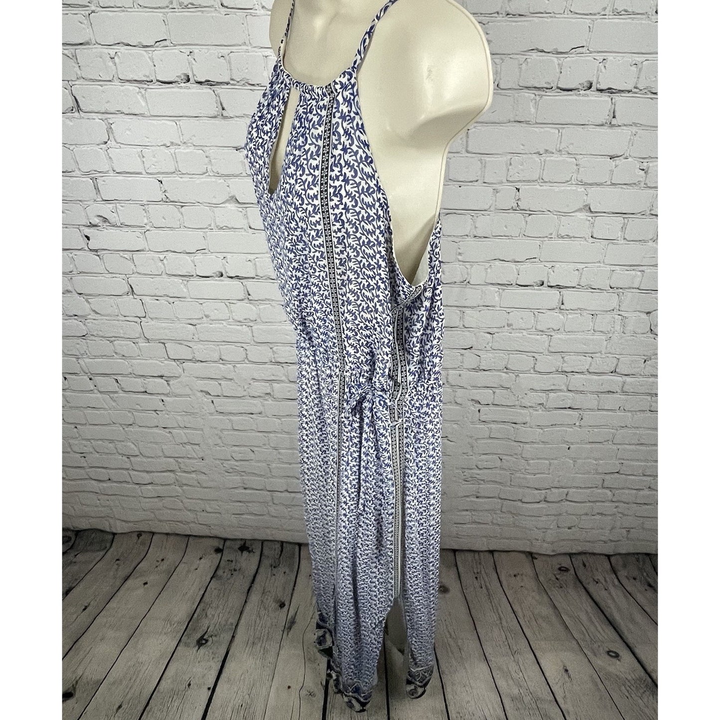 JOIE Blue & White Silk Chiffon Printed Side Slits Lined Maxi Dress Size Large L