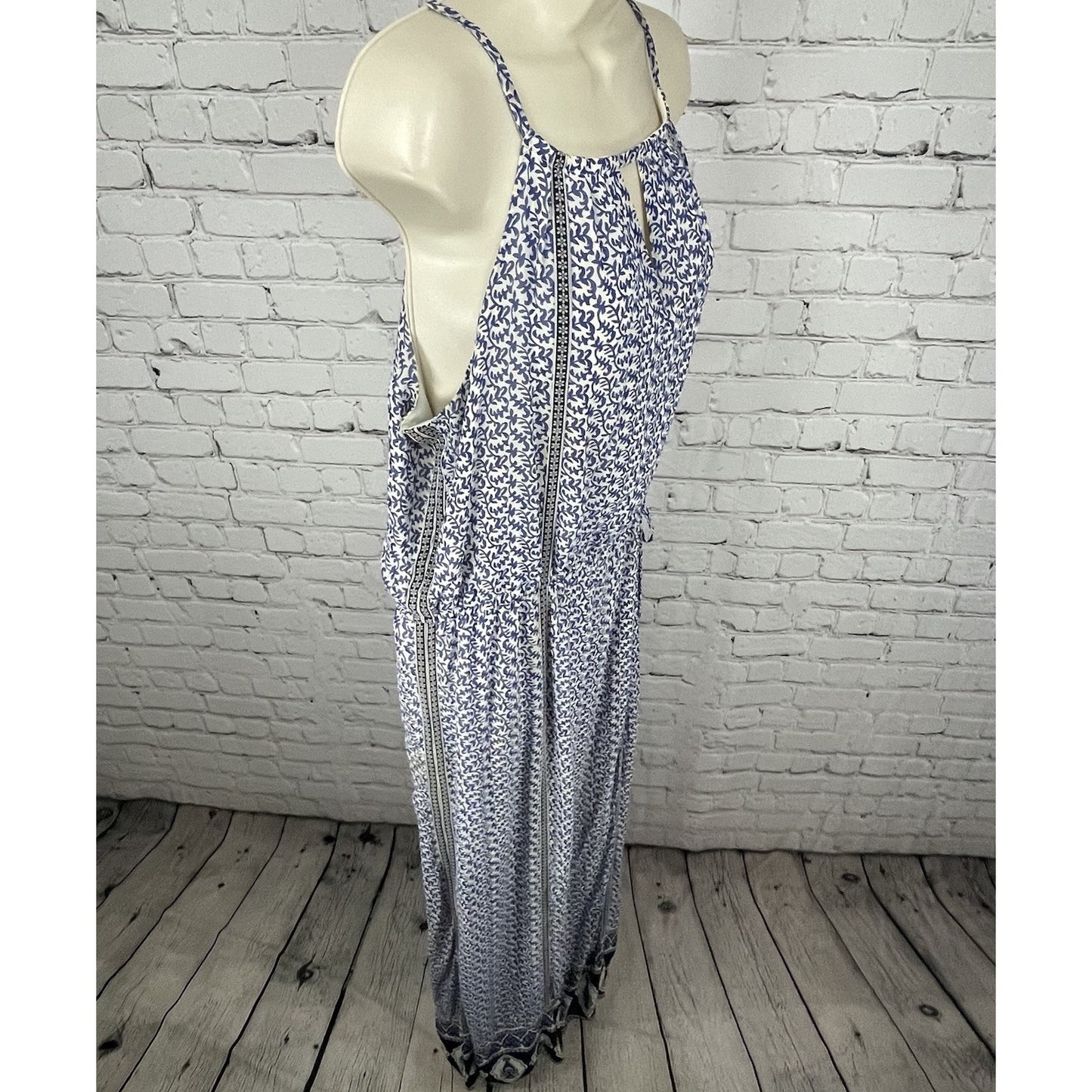 JOIE Blue & White Silk Chiffon Printed Side Slits Lined Maxi Dress Size Large L