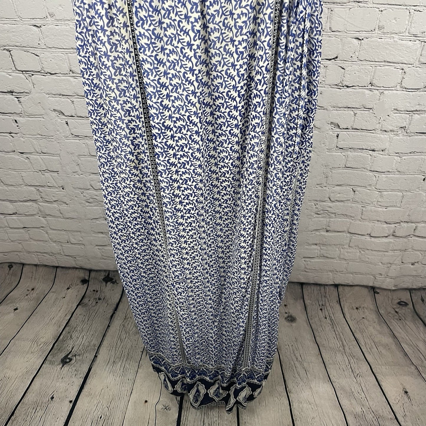 JOIE Blue & White Silk Chiffon Printed Side Slits Lined Maxi Dress Size Large L