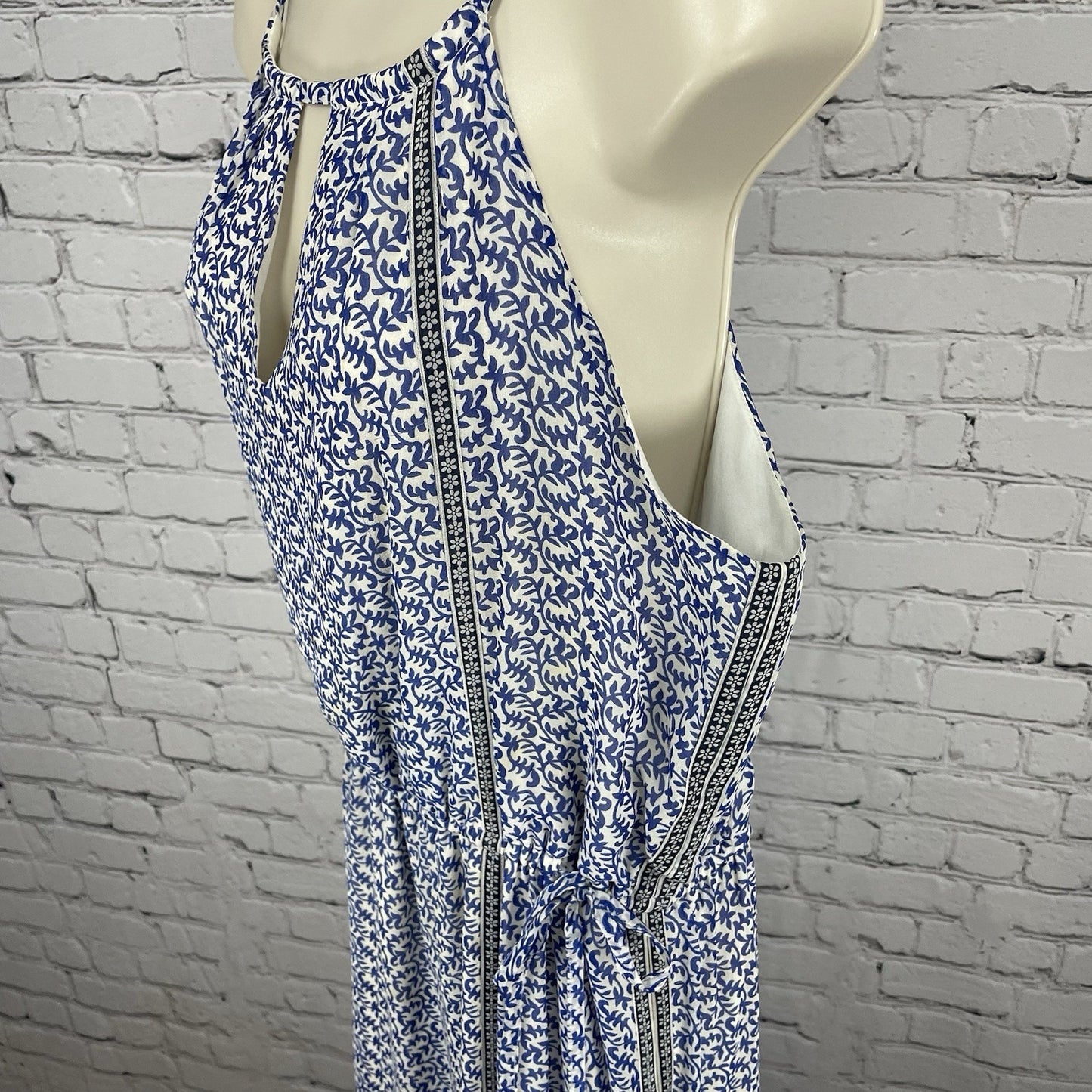JOIE Blue & White Silk Chiffon Printed Side Slits Lined Maxi Dress Size Large L
