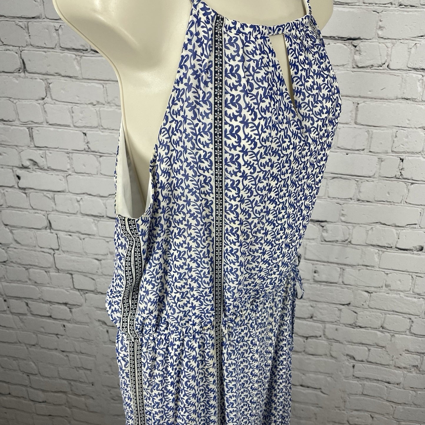 JOIE Blue & White Silk Chiffon Printed Side Slits Lined Maxi Dress Size Large L