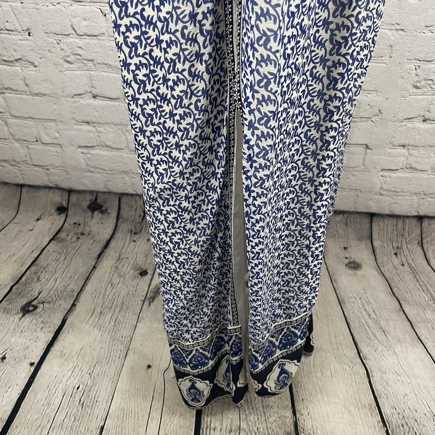 JOIE Blue & White Silk Chiffon Printed Side Slits Lined Maxi Dress Size Large L