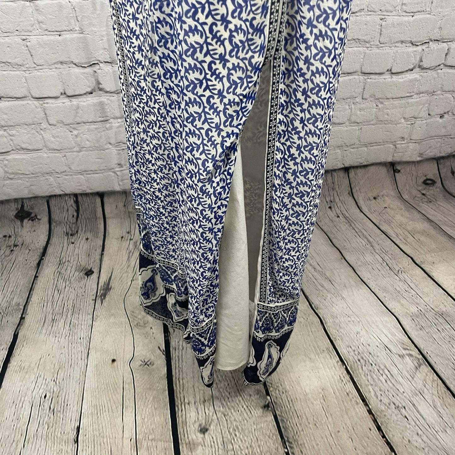 JOIE Blue & White Silk Chiffon Printed Side Slits Lined Maxi Dress Size Large L