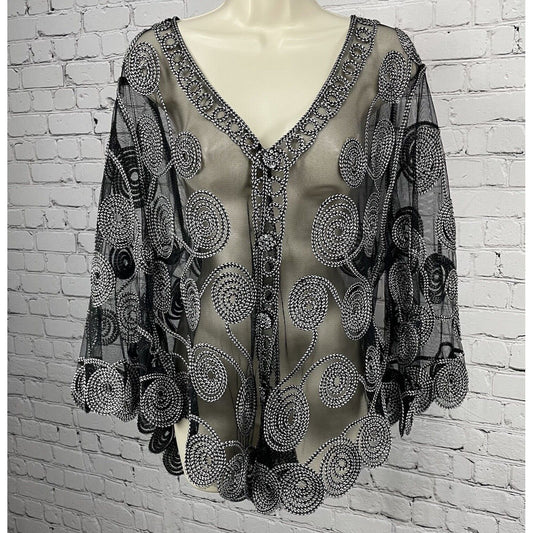 NWT First Choice Black Sheer Rhinestone Button Up 3/4 Sleeve Tunic Top Size O/S