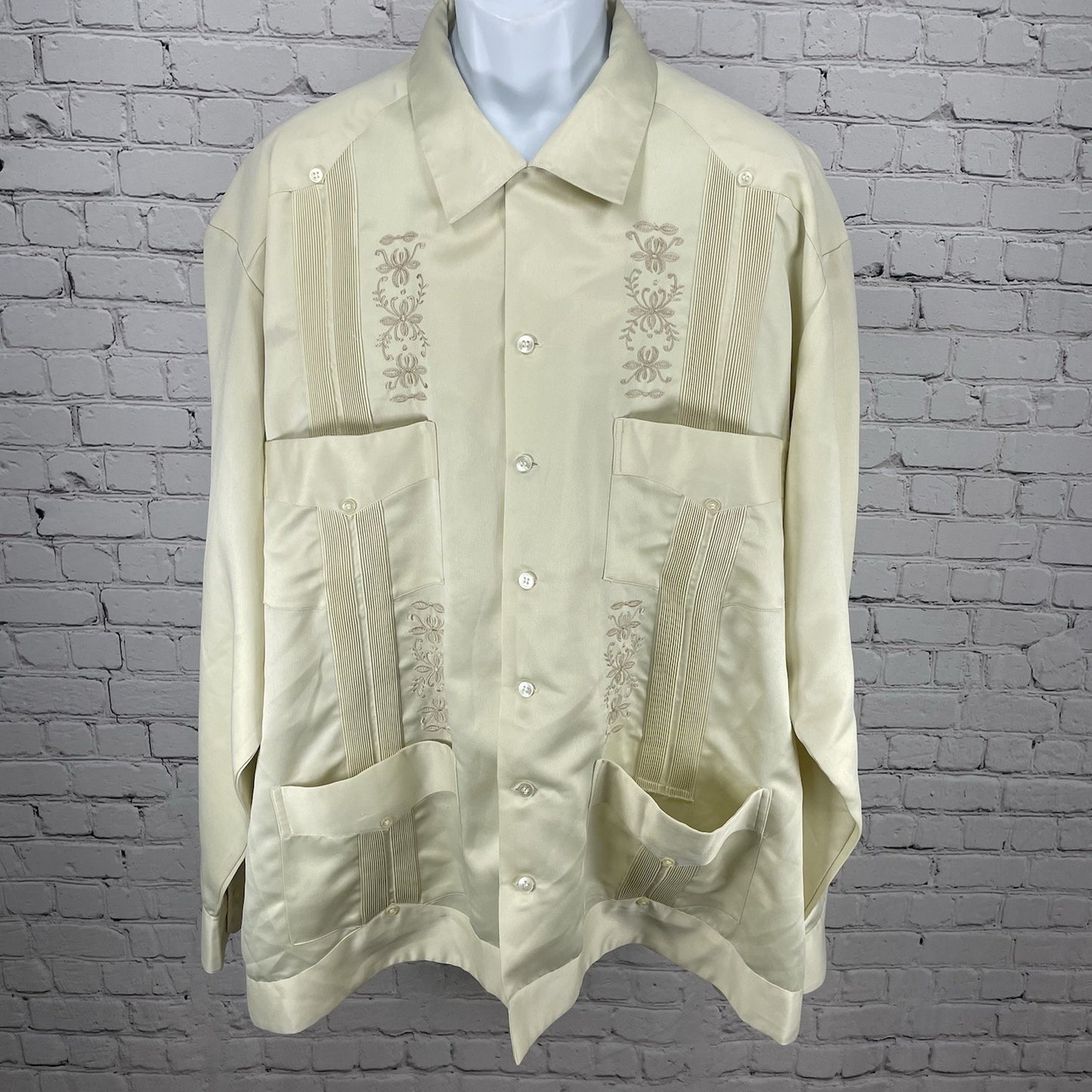 Campos Copacabana Ivory Embroidered Long Sleeve Button Up Guayabera Size 50