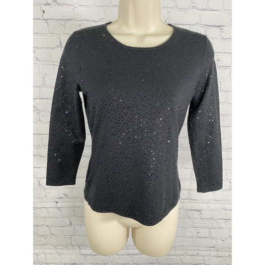 Ann Taylor 3/4 Sleeve Pullover Silk Blend Sequined Black Shirt Sweater Blouse XS