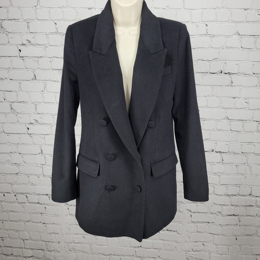 Zara Woman Black Wool Blend Double Breasted Peak Blazer Jacket Pea Coat Small S