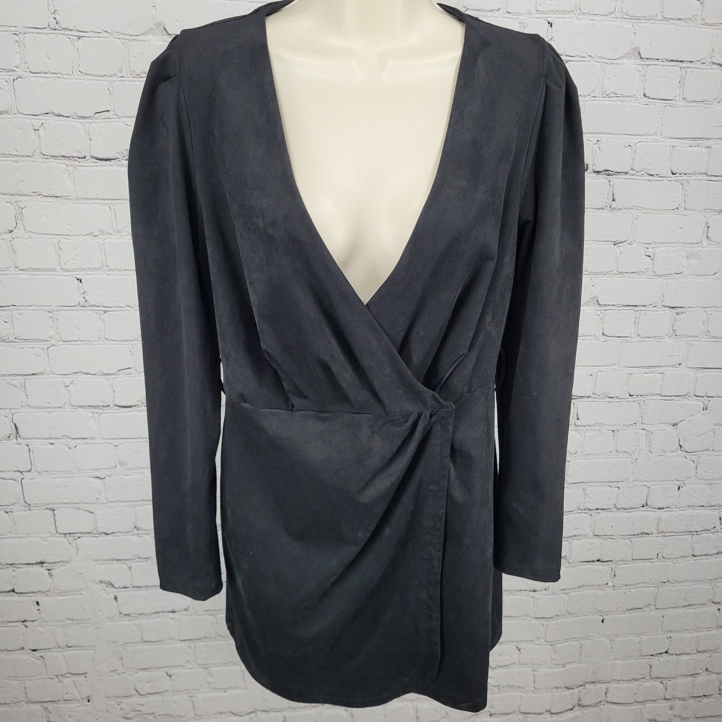 Zara Black Soft Suede Like Stretch Plunge Long Sleeve Wrap Dress Size Medium M