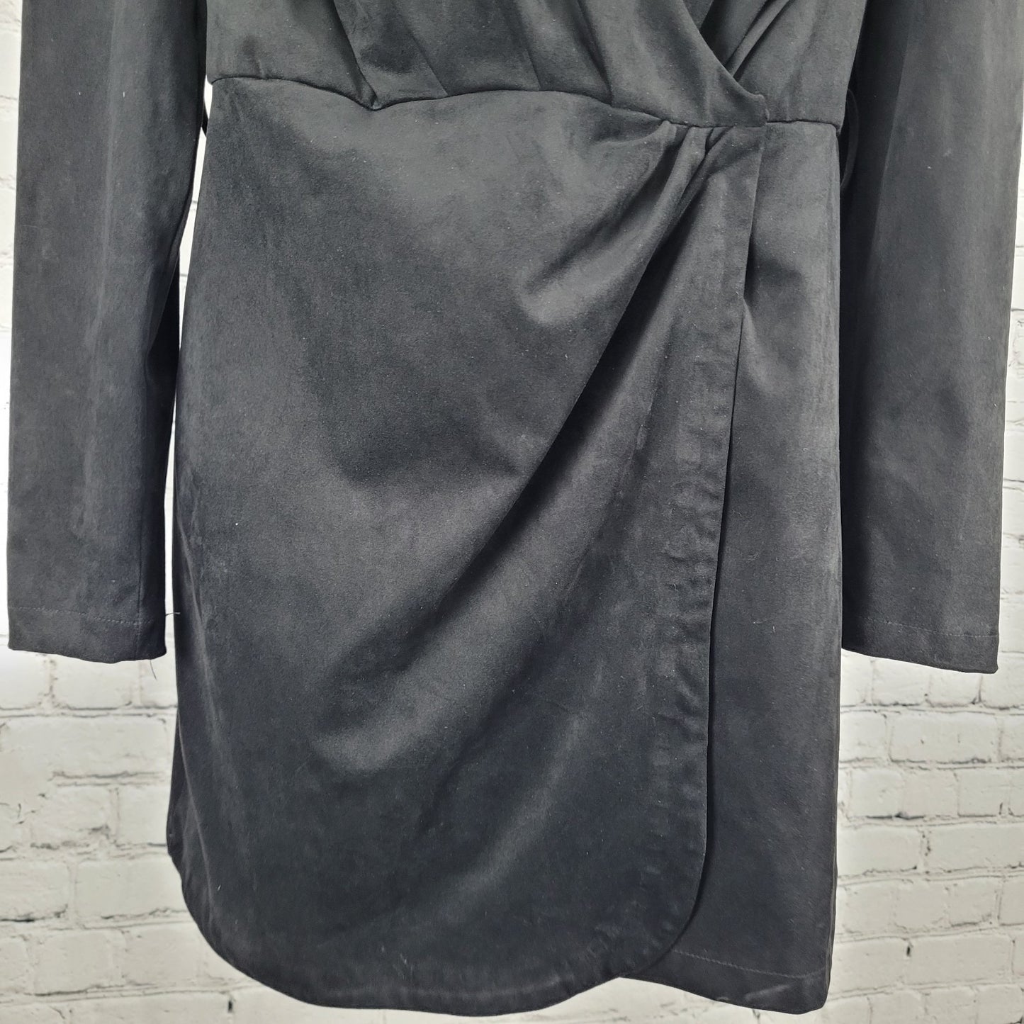 Zara Black Soft Suede Like Stretch Plunge Long Sleeve Wrap Dress Size Medium M