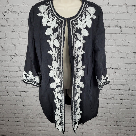 Chico's Black Linen Floral Embroidered Lined Jacket Pockets Size 3 (US 16/18)
