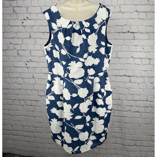 Mystic Blue & White Floral Pleated Sleeveless Dress Pockets USA Made Size 2XL