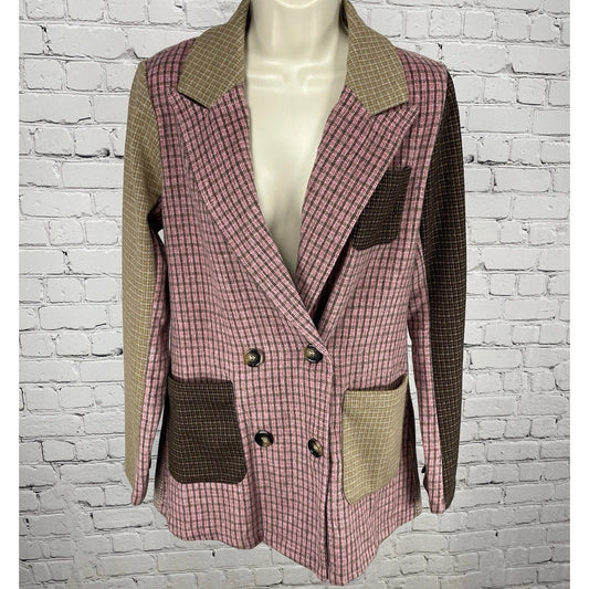 Mystree Pink & Brown Double Breasted Peak Vented Blazer Jacket Size Small S