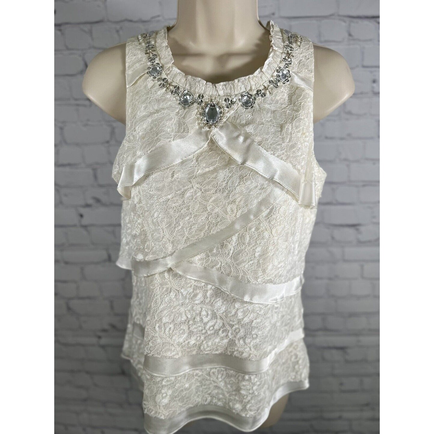 Vintage J.R. Nites By Carol Lin White Tiered Blouse Jeweled Chiffon Blouse 6