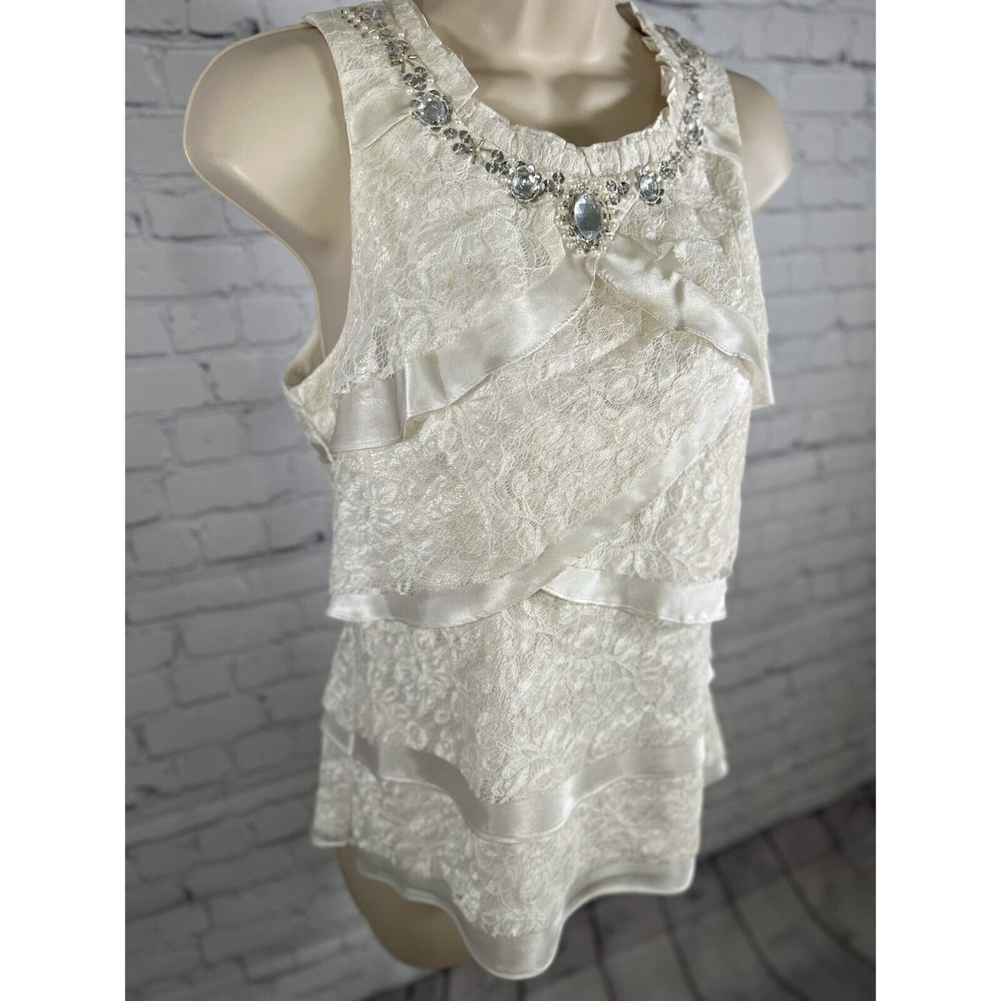 Vintage J.R. Nites By Carol Lin White Tiered Blouse Jeweled Chiffon Blouse 6