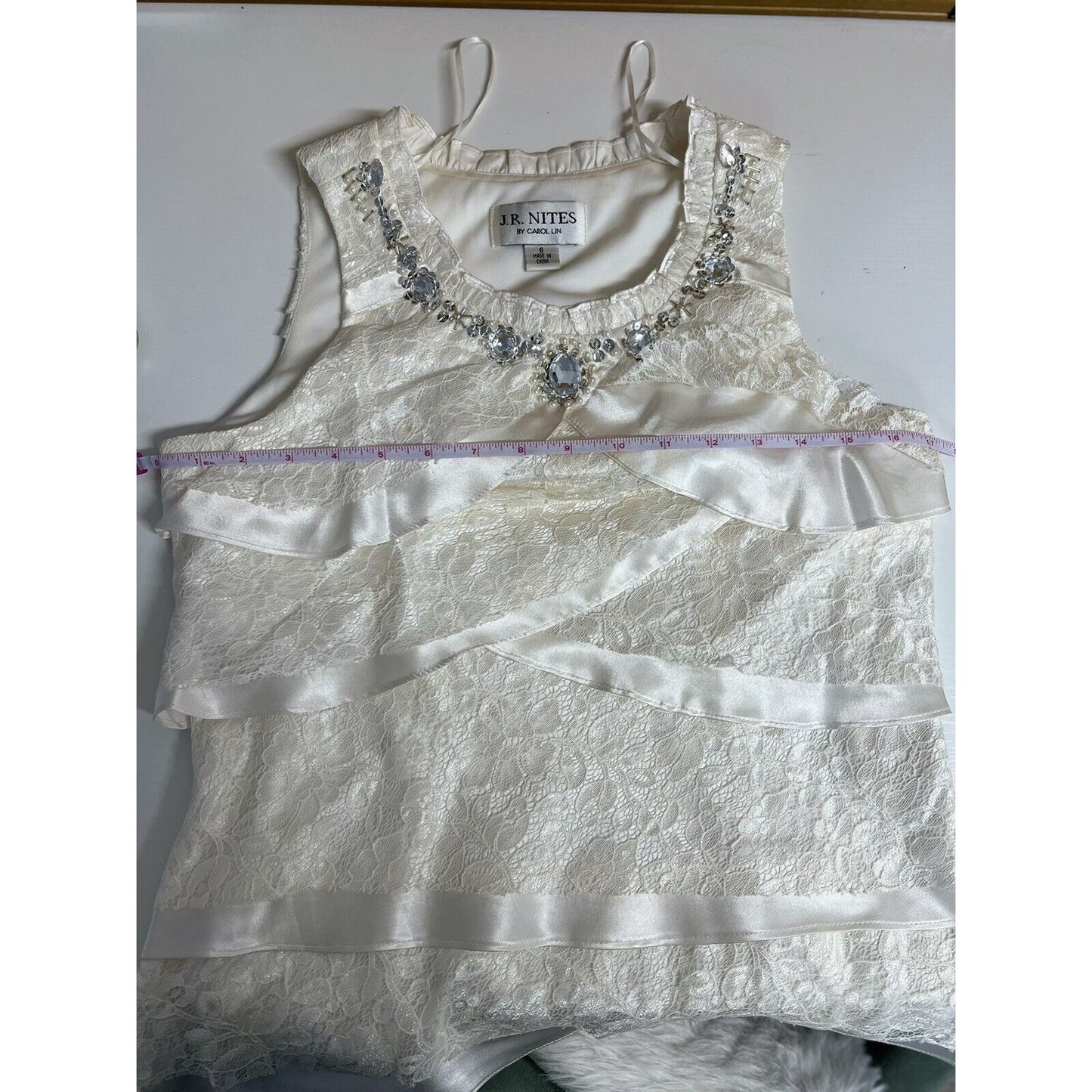 Vintage J.R. Nites By Carol Lin White Tiered Blouse Jeweled Chiffon Blouse 6