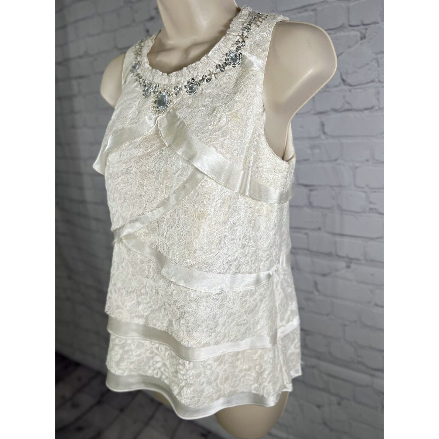 Vintage J.R. Nites By Carol Lin White Tiered Blouse Jeweled Chiffon Blouse 6