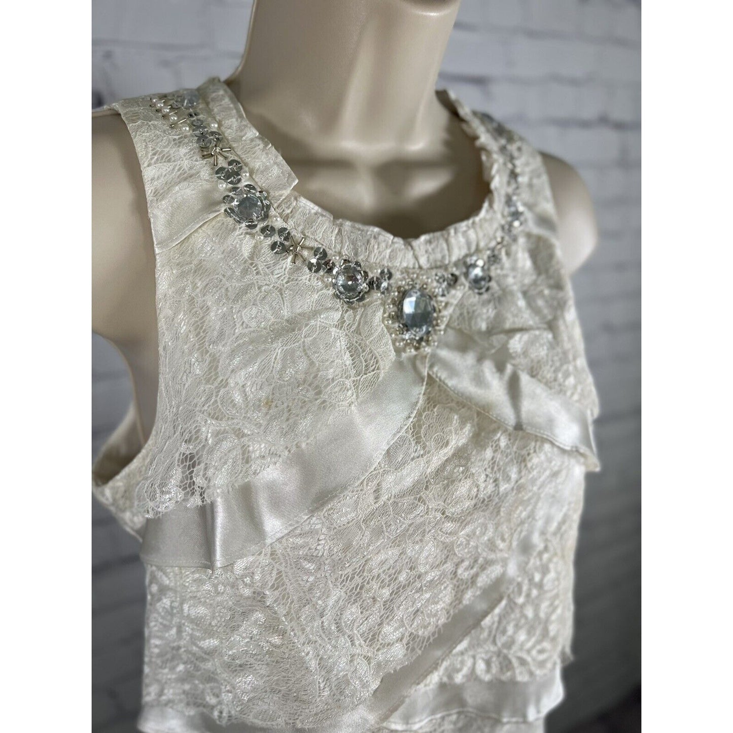 Vintage J.R. Nites By Carol Lin White Tiered Blouse Jeweled Chiffon Blouse 6