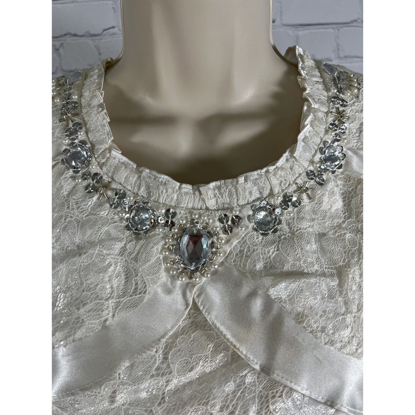 Vintage J.R. Nites By Carol Lin White Tiered Blouse Jeweled Chiffon Blouse 6