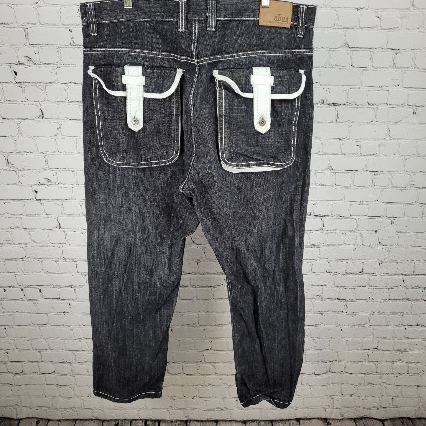 Ubug Black Denim 100% Cotton White Stitching Relaxed Jeans Y2K 44x33 (42x33)