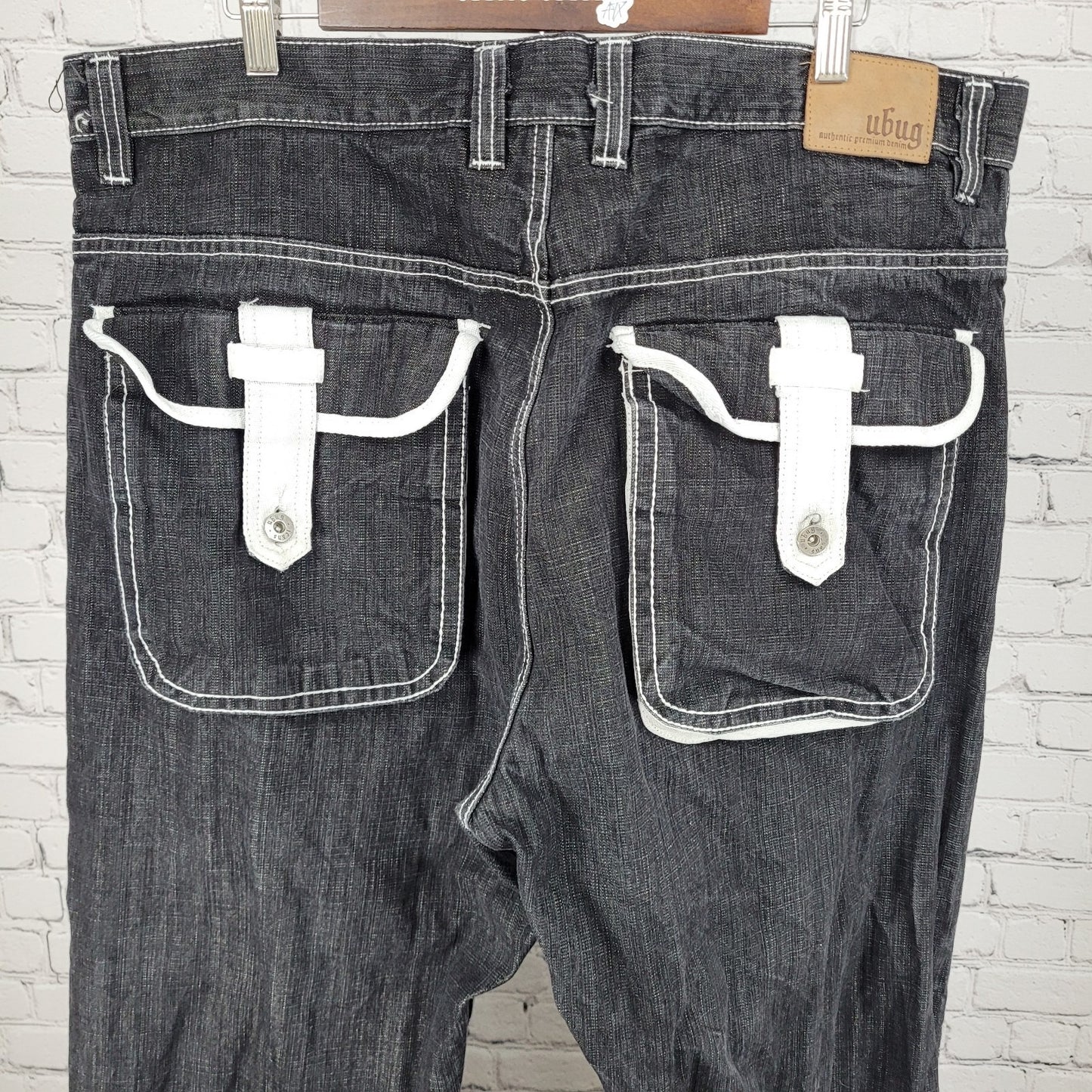 Ubug Black Denim 100% Cotton White Stitching Relaxed Jeans Y2K 44x33 (42x33)