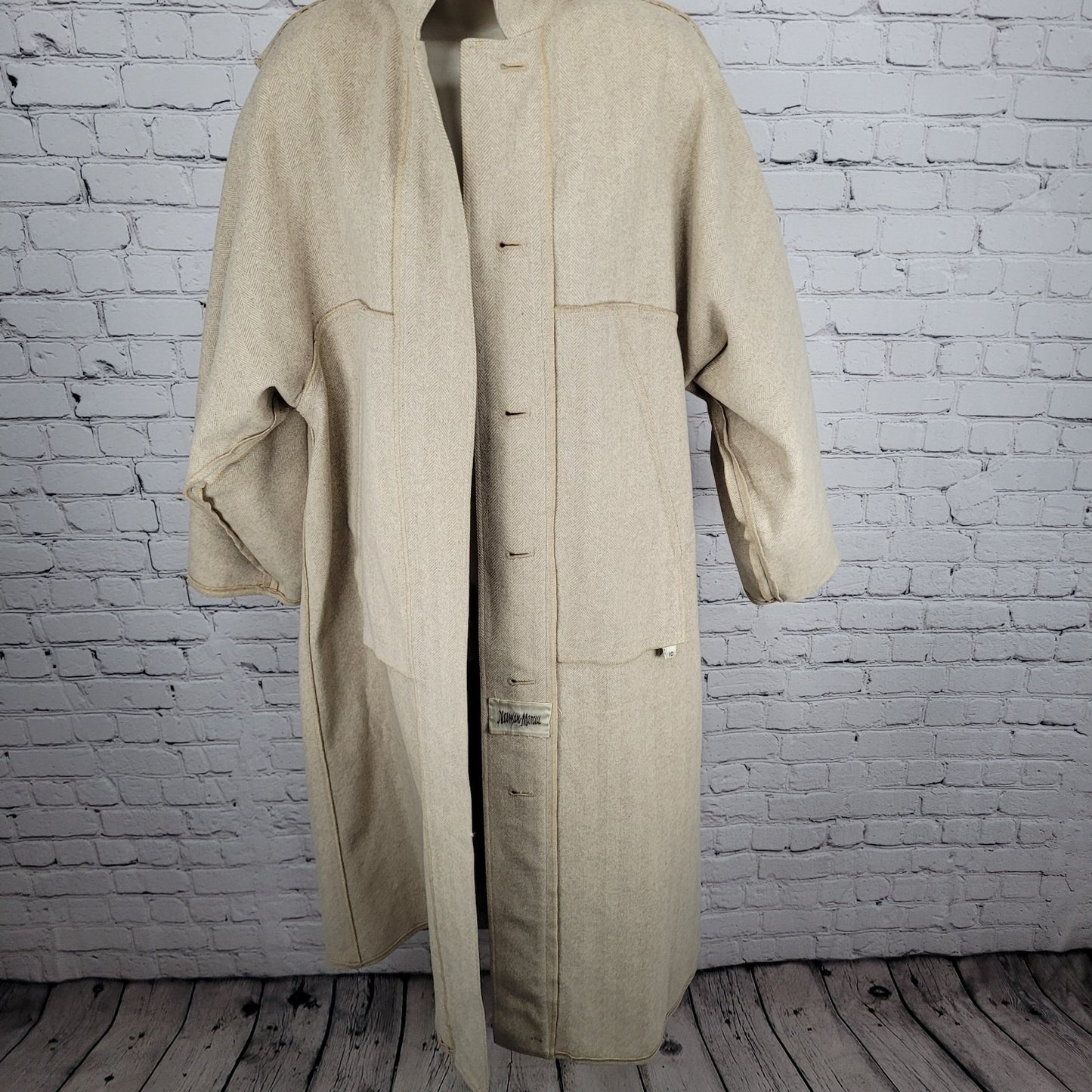 VTG Geoffrey Beene Gallant Neiman Marcus Tan Herringbone Button Unlined Coat 10