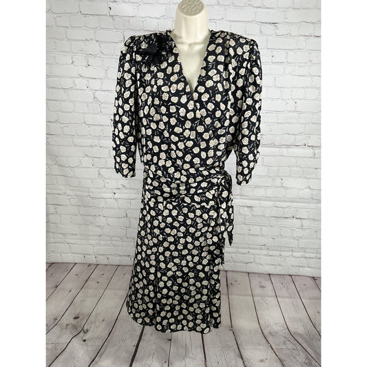 VTG Jo Hanna York Joan Davis Black Floral V Neck Shoulder Pad Faux Wrap Dress XL