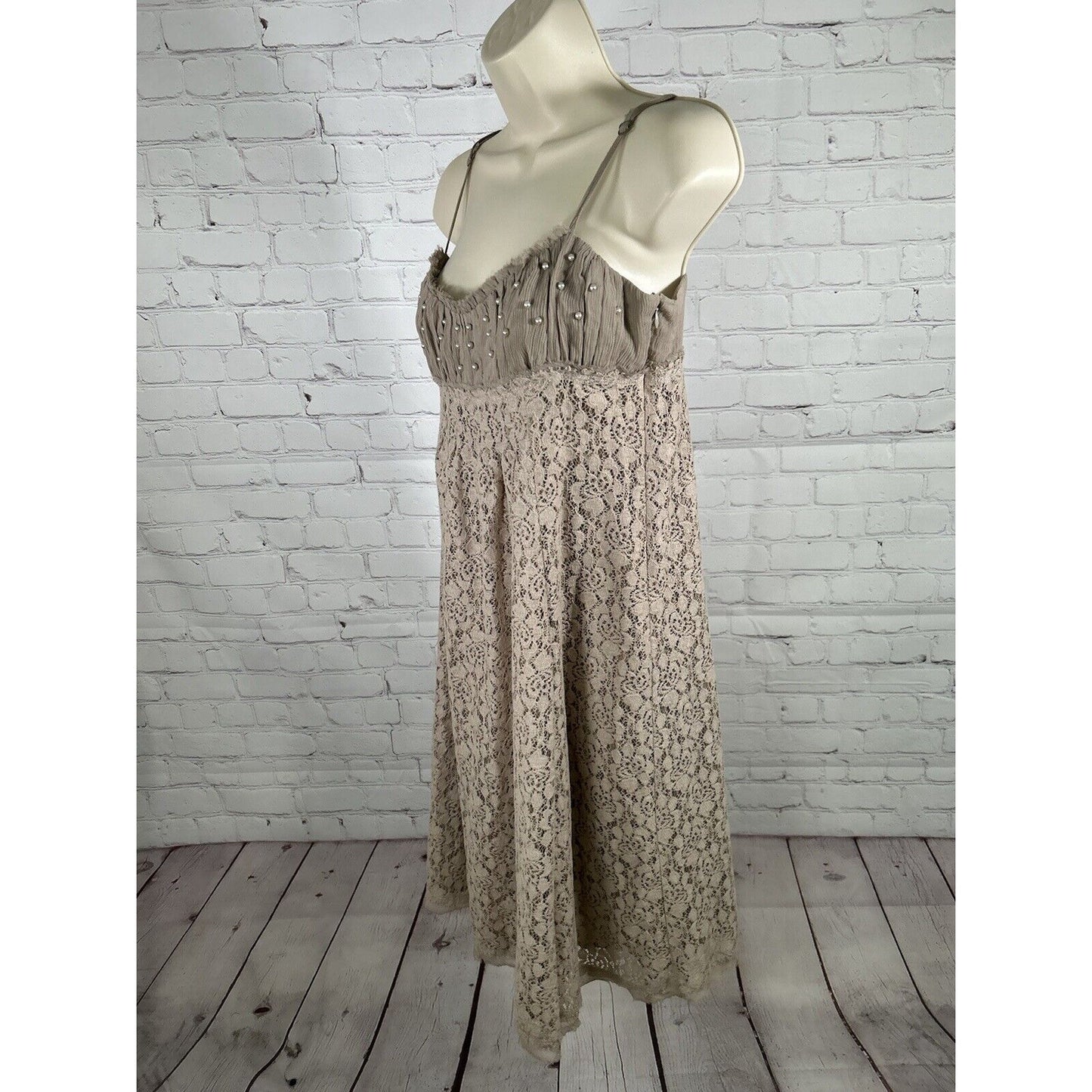 Intuitions Brown Floral Silk Blend Adjustable Spaghetti Strap Beaded Dress 4
