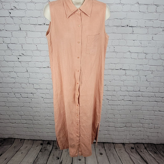 VTG Coldwater Creek Pink Orange 100% Linen Side Slits Shirt Dress USA Size 10P