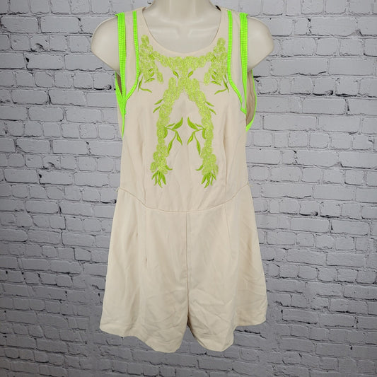 Rocco Lola Beige Green Embroidered Sleeveless Romper USA Made Size Large L