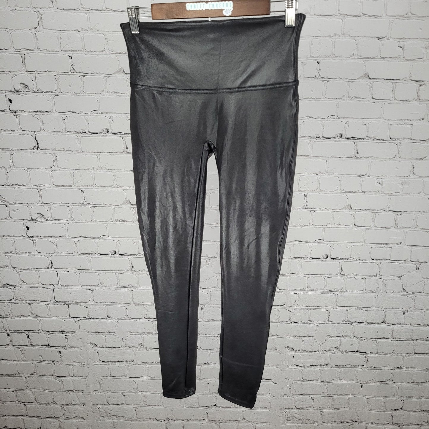 Spanx Black Faux Leather Stretch Slimming Shaping Leggings Size Large L